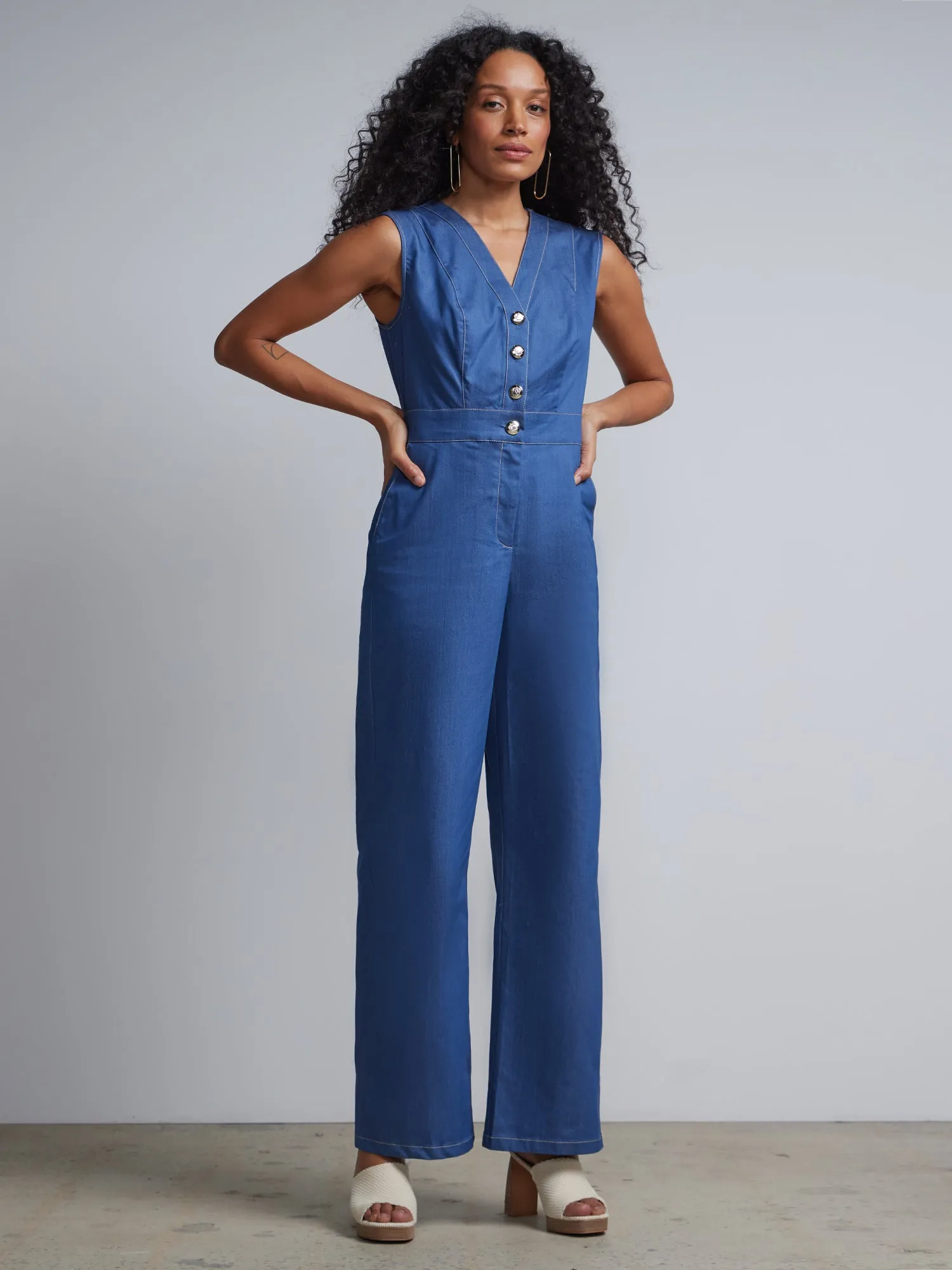 V-Neck Button-Front Jumpsuit