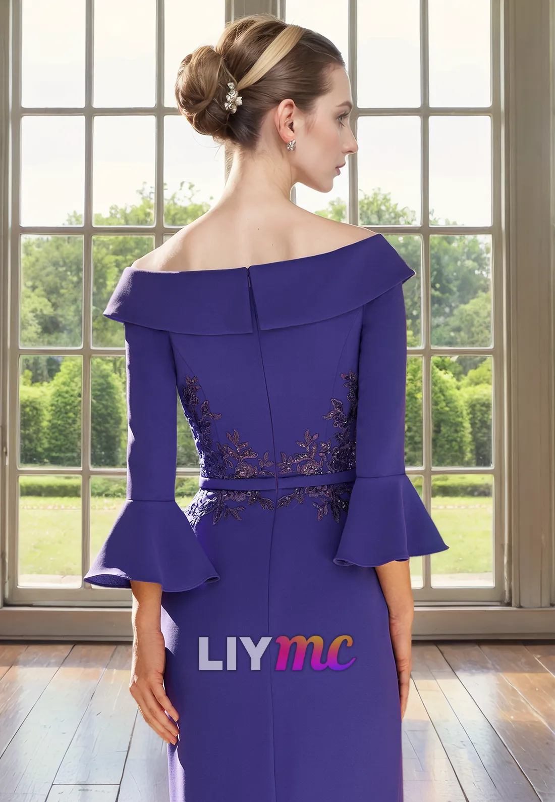 V-Neck Long Sleeves Appliques Ruffled Sheath Mother of Bride Dress Cocktail Dress