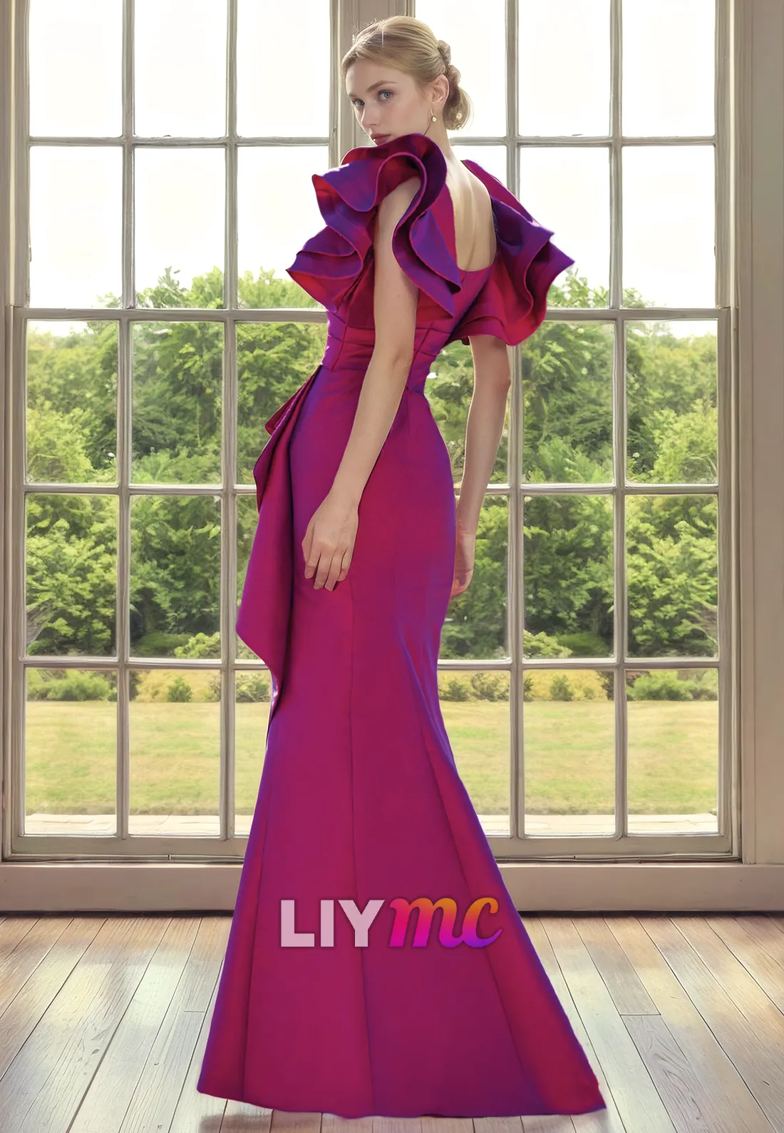 V-Neck Sleeves Ruffled Sleek Satin Side Slit Mother of Bride Dress Cocktail Dress