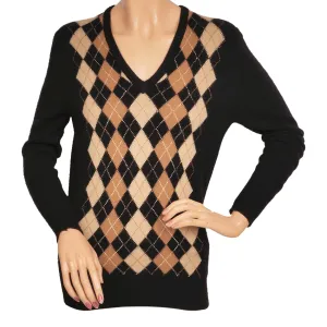 Vintage 1970s Jaeger Cashmere Sweater Black Argyle Pattern Made in UK Ladies Size M