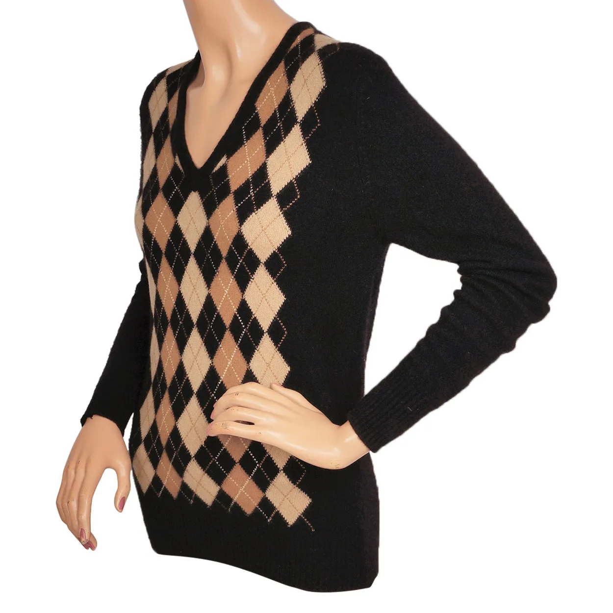 Vintage 1970s Jaeger Cashmere Sweater Black Argyle Pattern Made in UK Ladies Size M