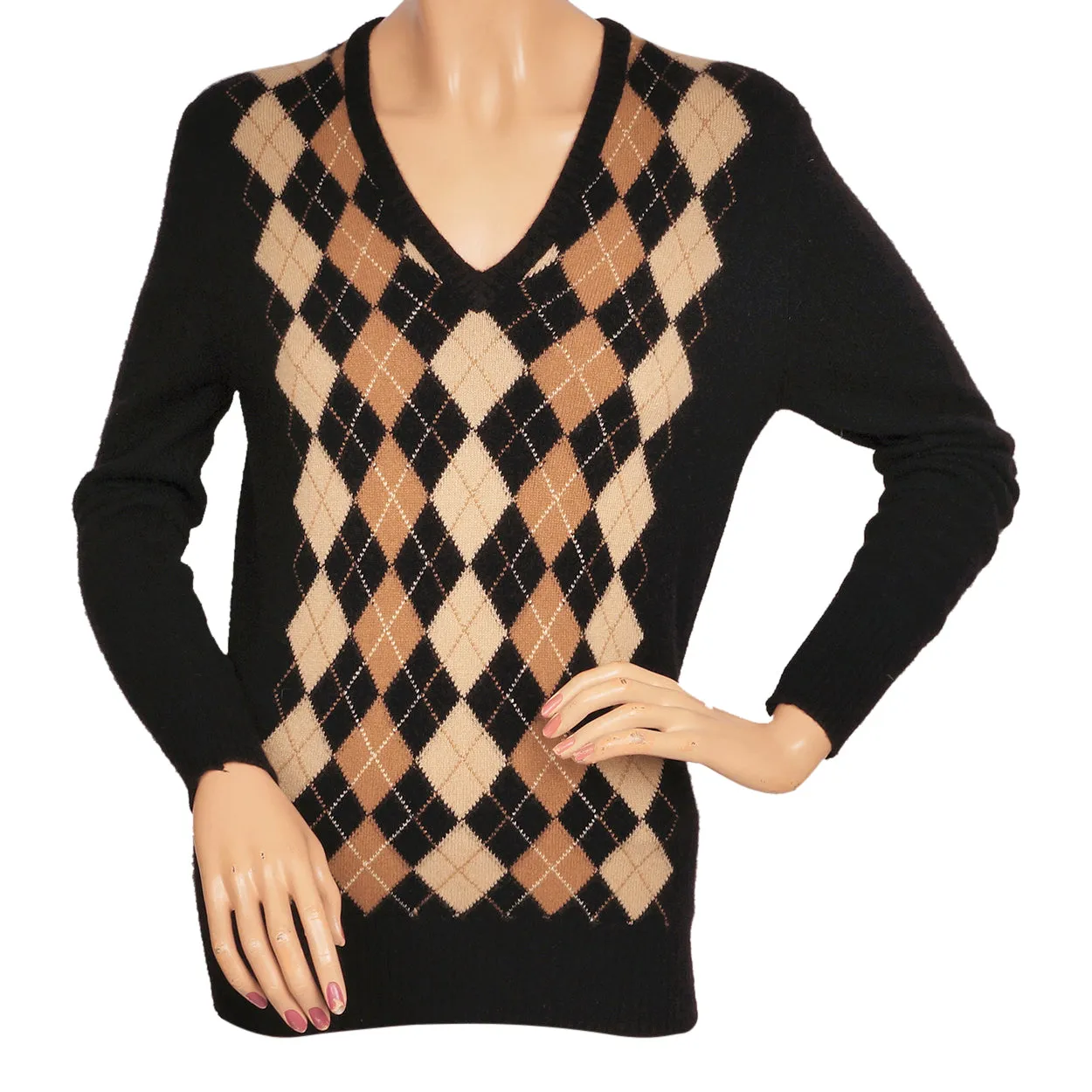 Vintage 1970s Jaeger Cashmere Sweater Black Argyle Pattern Made in UK Ladies Size M