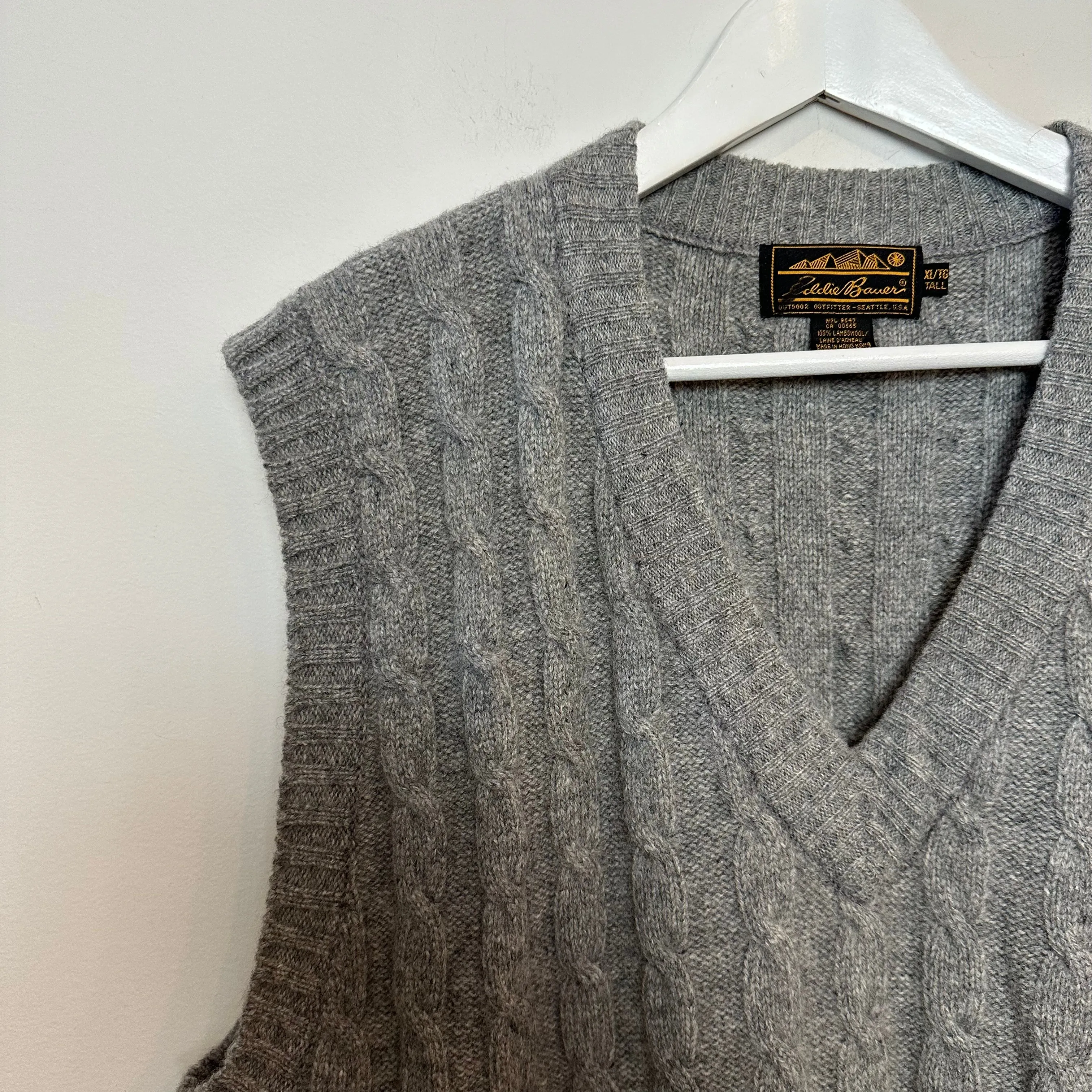 Vintage Eddie Bauer Cable Knit Sweater Vest Gray V Neck 100% Lambswool XL Tall