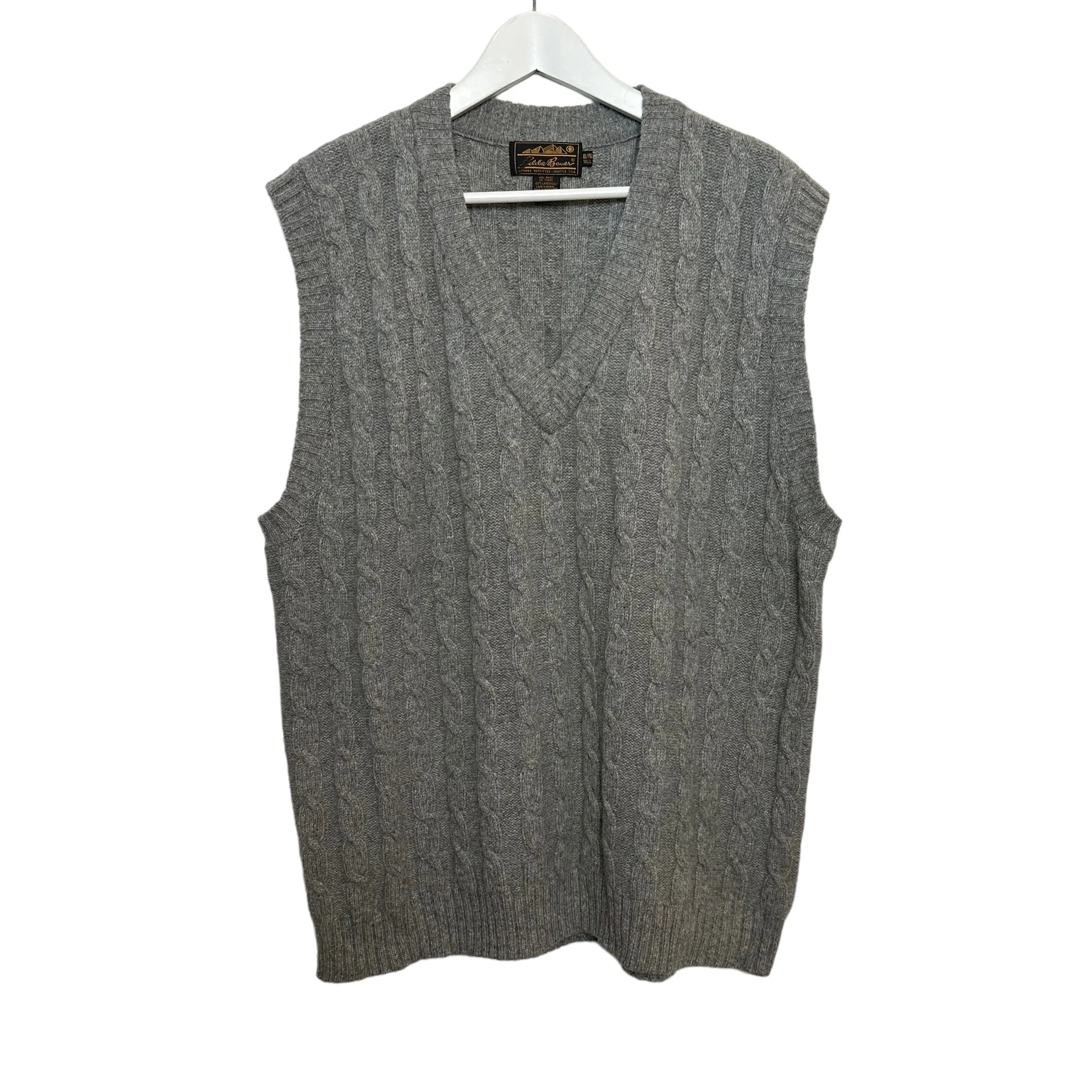 Vintage Eddie Bauer Cable Knit Sweater Vest Gray V Neck 100% Lambswool XL Tall