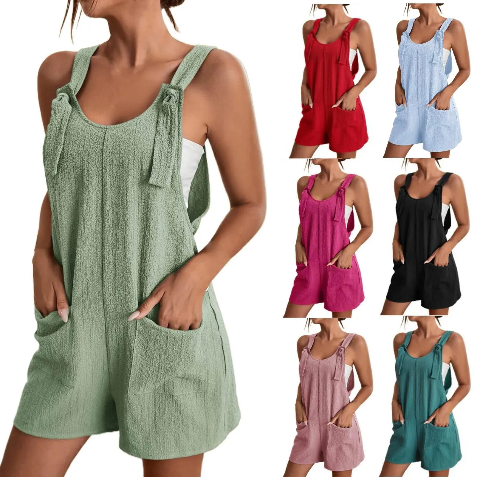 Women's Tie Shoulder Overall Shorts Scoop Neck Romper Jumpsuit With Pocket for Effortless Summer Style